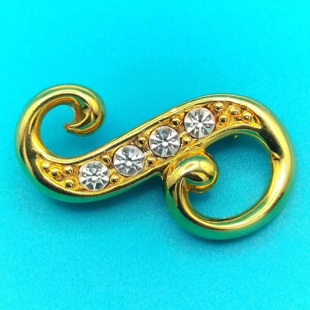 Gold Tone Swirl Rhinestone Brooch Pin Jewelry